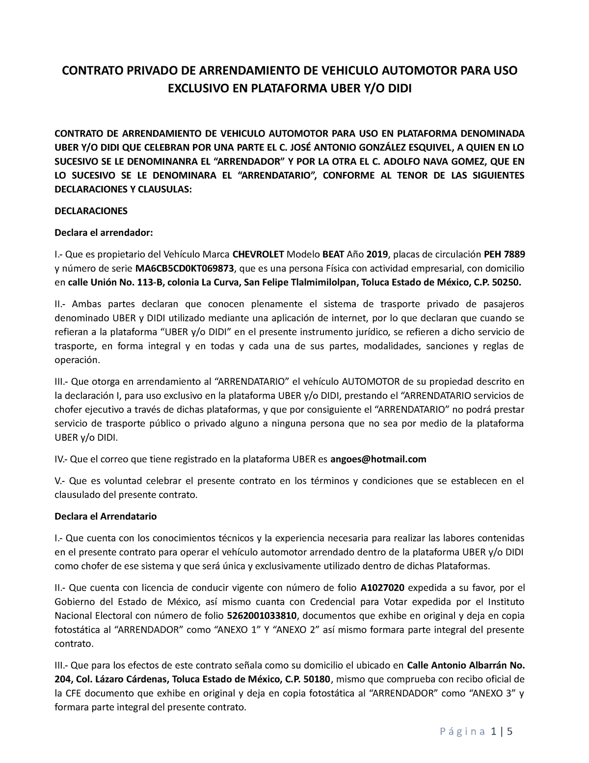 Contrato Uber Adolfo Contrato Privado De Arrendamiento De Vehiculo Automotor Para Uso 5076