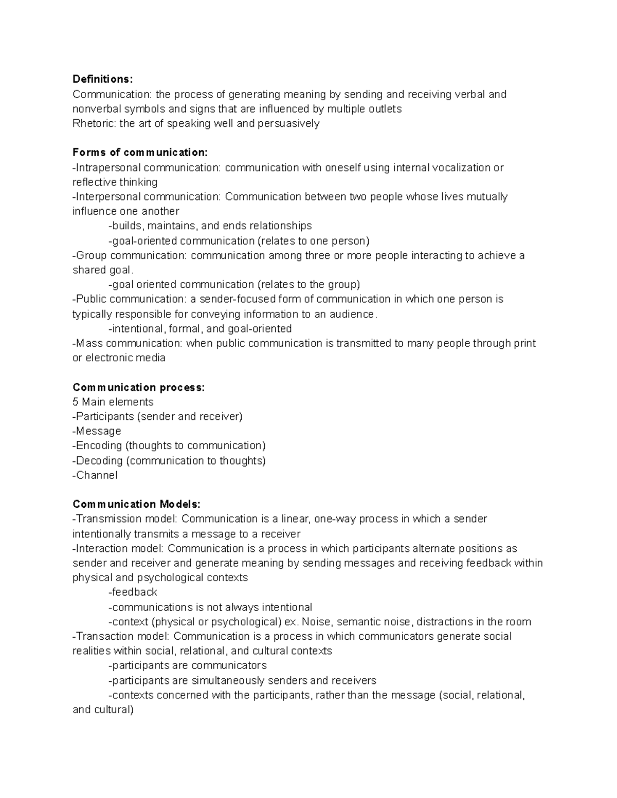 SCOM 123 Notes 1/25 - Definitions: Communication: the process of ...