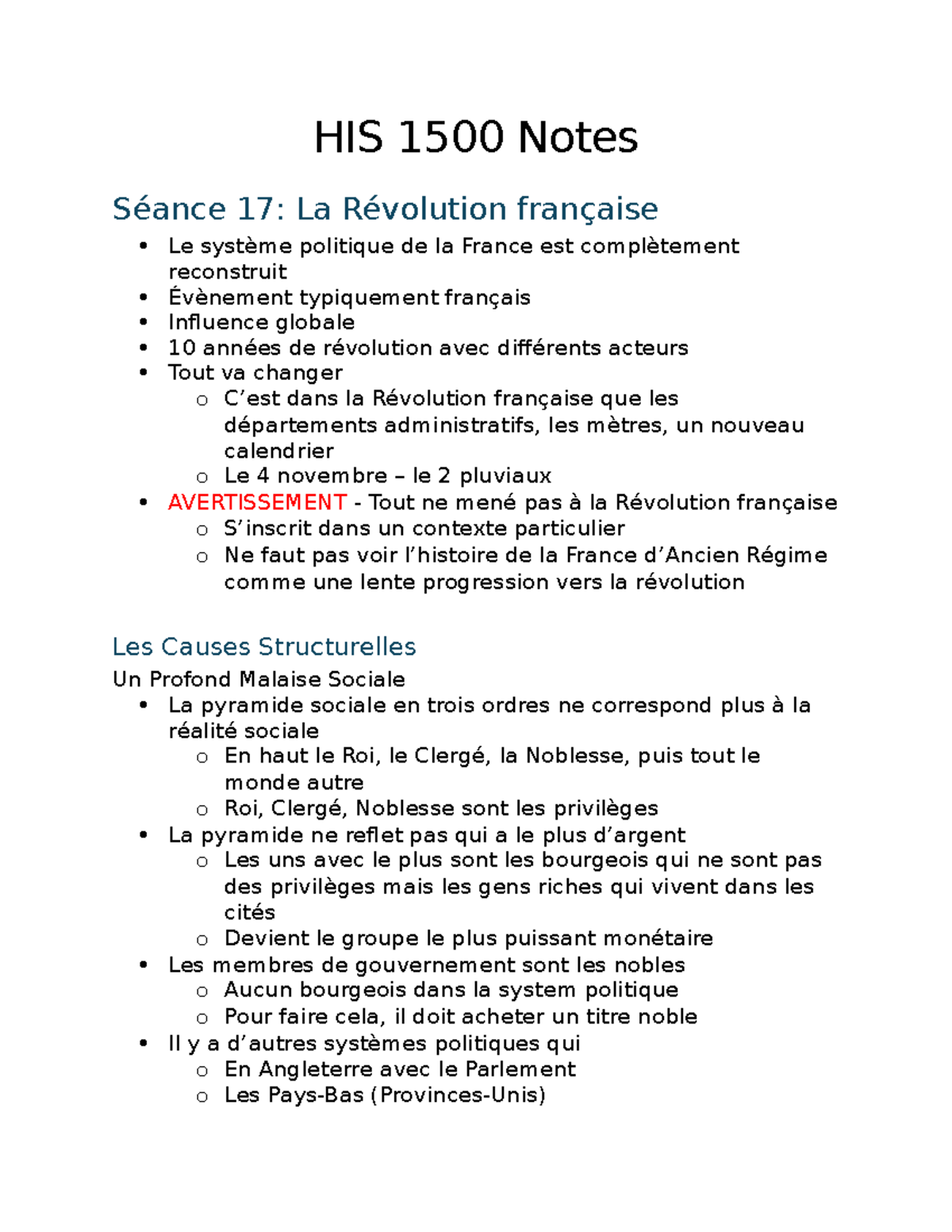 HIS 1500 Notes - HIS 1500 Notes Séance 17: La Révolution française Le ...
