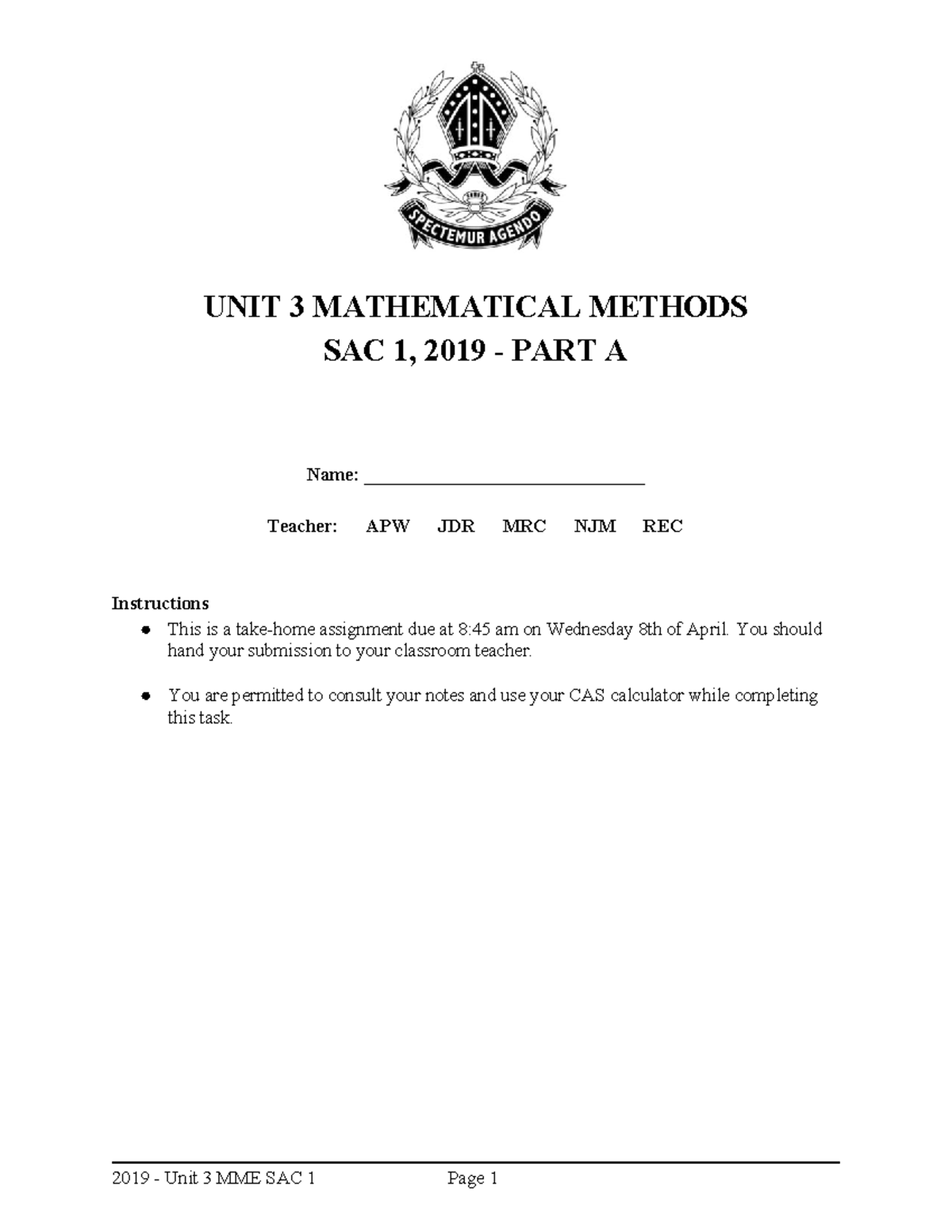 CGS 2019 12MME SAC 1 - prac sac - UNIT 3 MATHEMATICAL METHODS SAC 1 ...