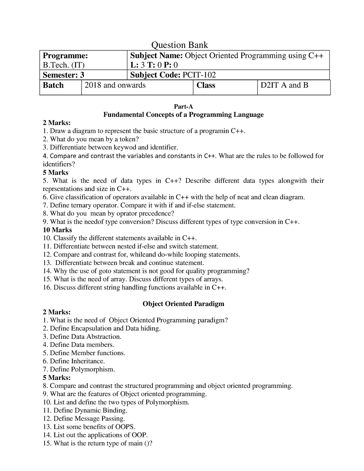 Object Oriented Programming Using C++ PCIT102 - Question Bank Programme ...