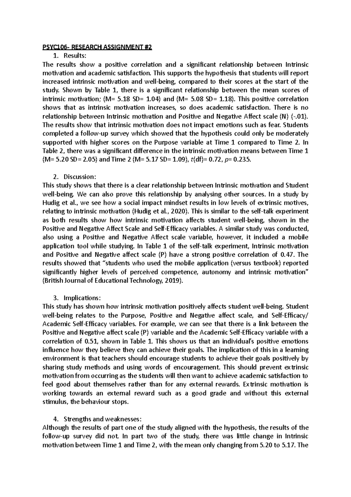 2 PSYC106 Research Assignment - PSYC106- RESEARCH ASSIGNMENT Results ...