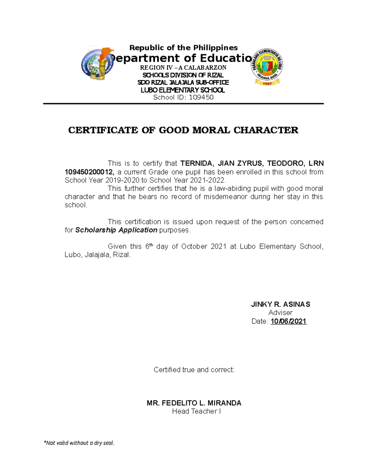 Certification of good moral Republic of the Philippines Department of