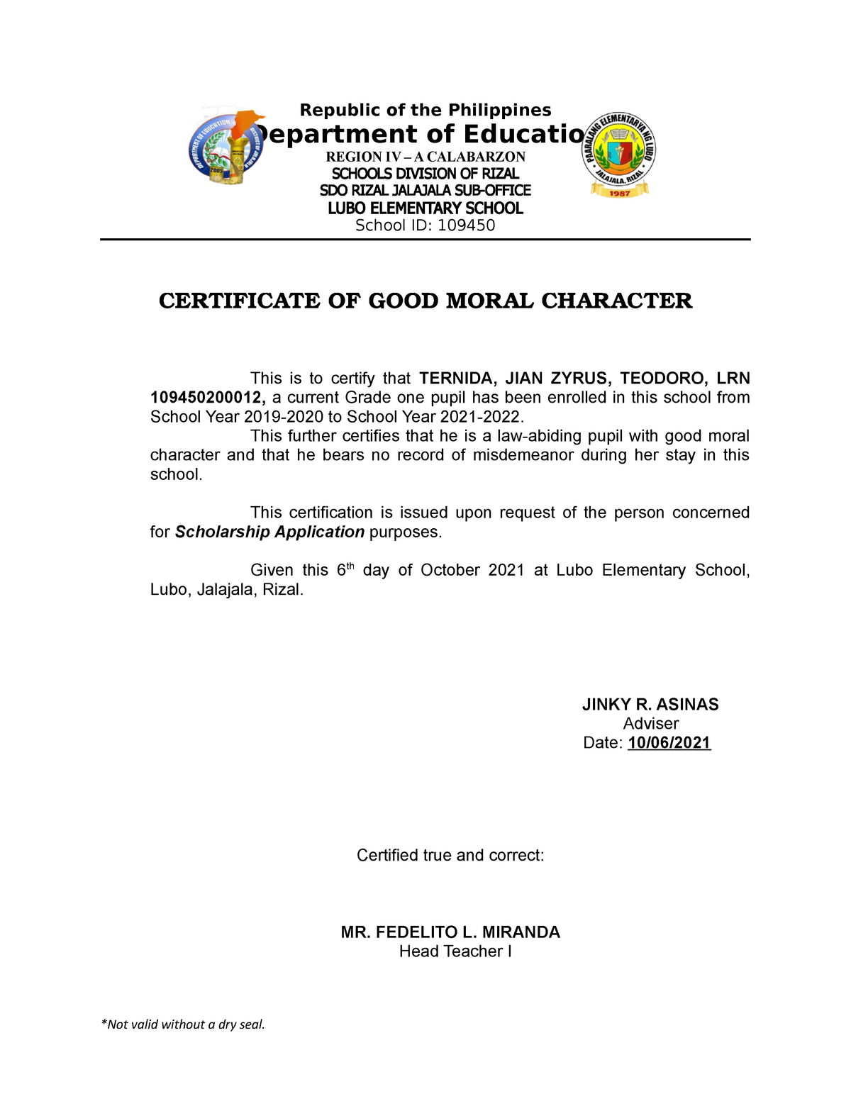 Certification Of Good Moral Republic Of The Philippines Department Of 