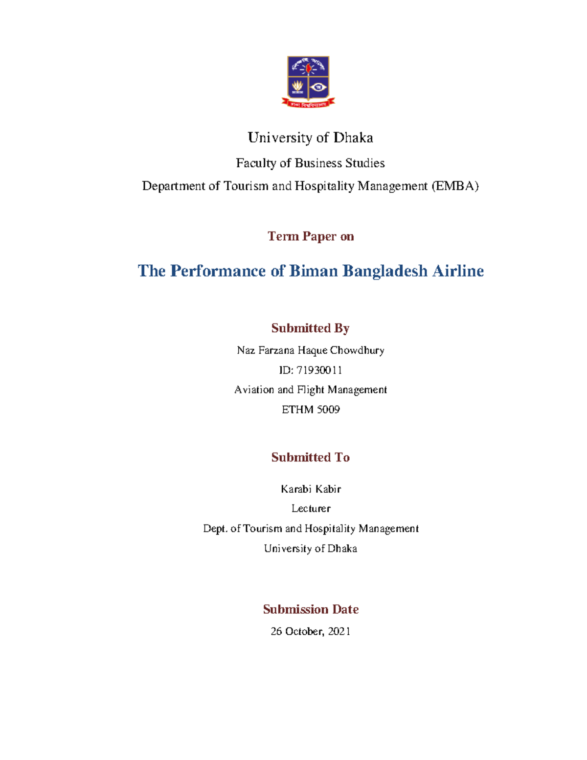 Term Paper on Biman Bangladesh Airline - University of Dhaka Faculty of ...