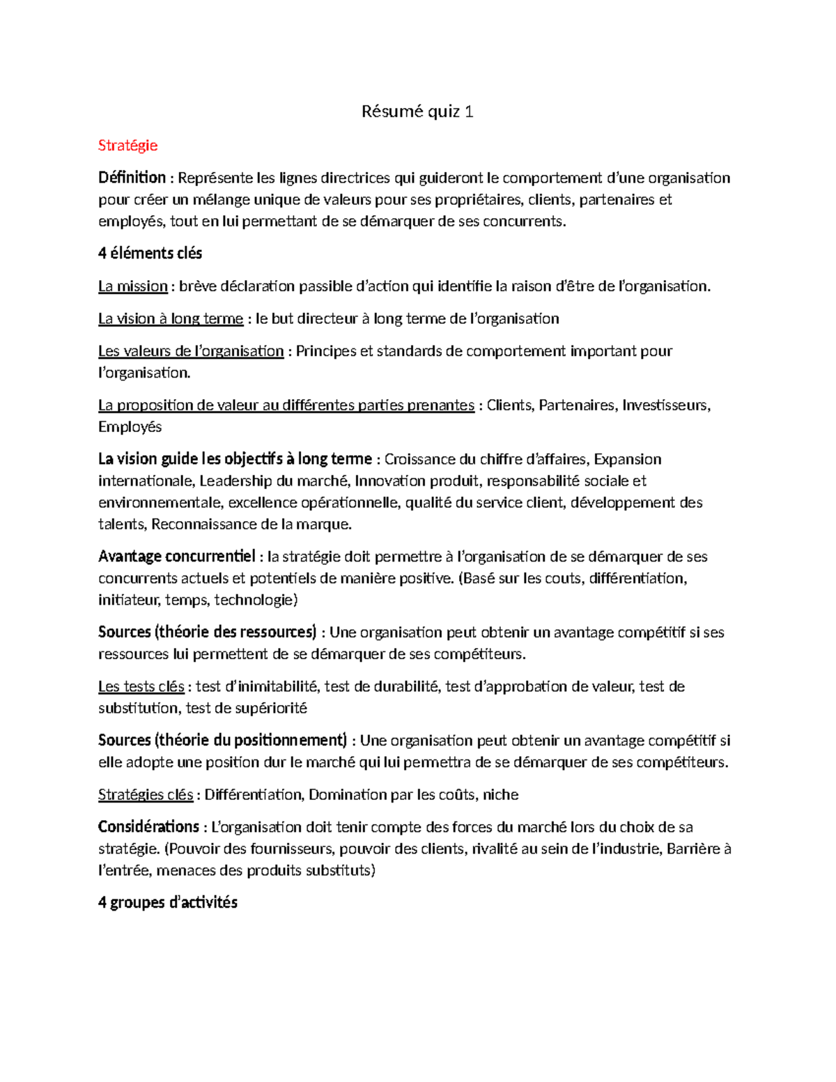 Résumé quiz 1 étude quiz 1 Résumé quiz 1 Stratégie Définition