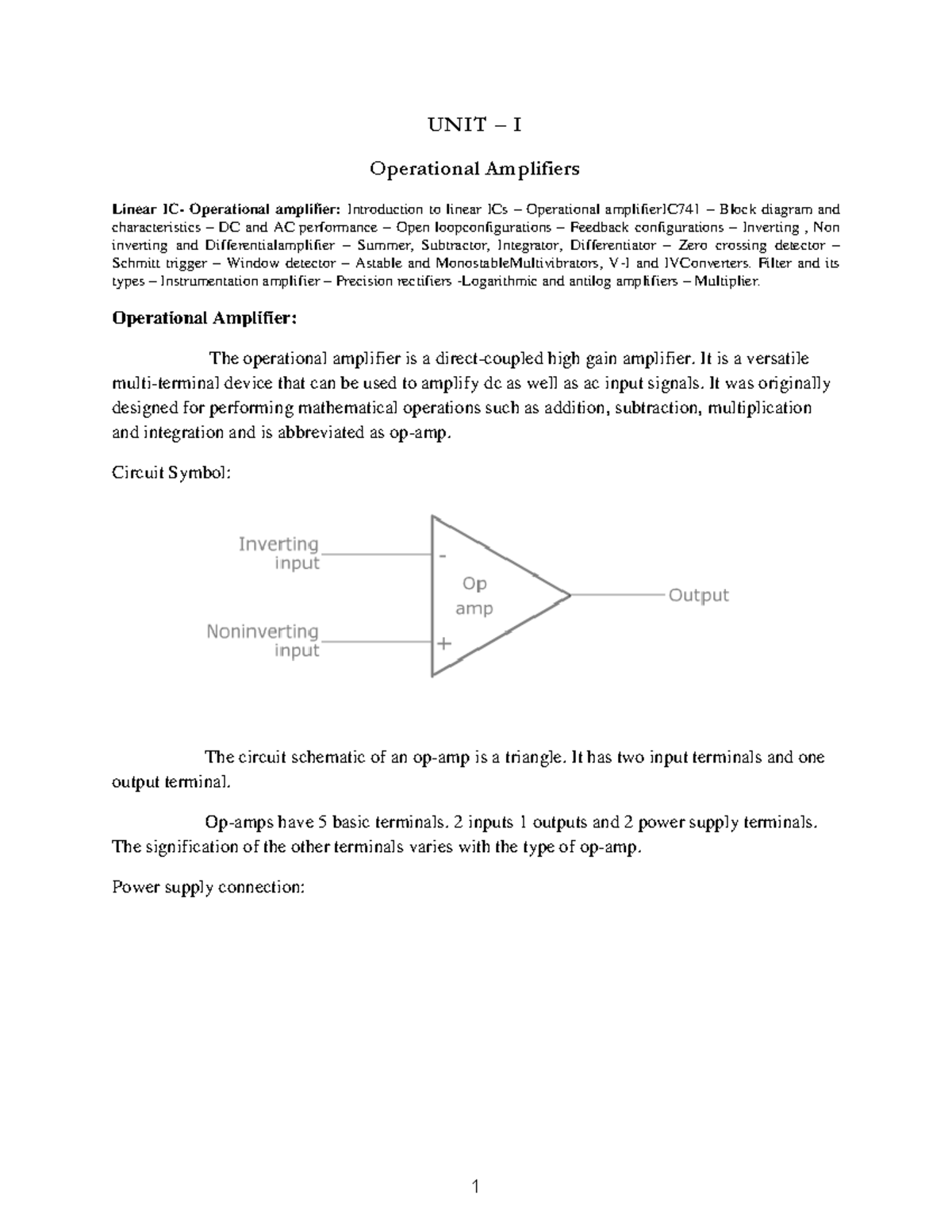 Operational Amplifiers Summary of SDIC Unit1 UNIT I Operational