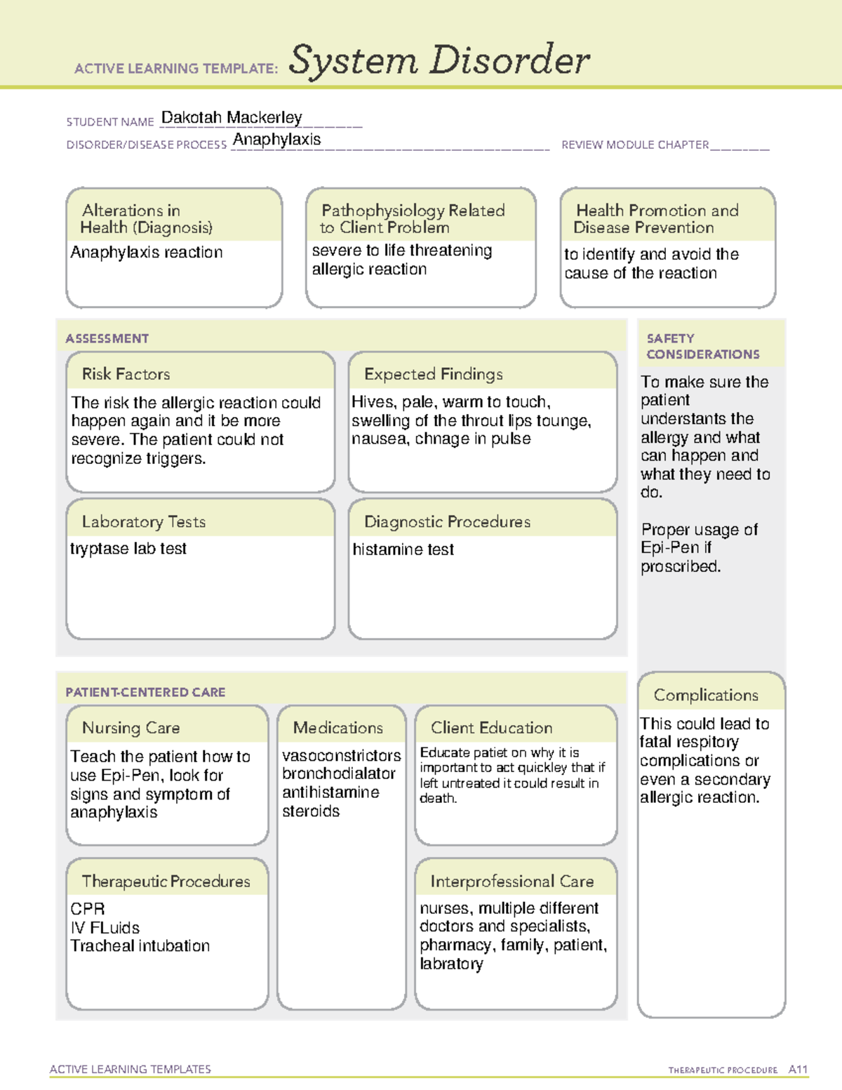 Anaphylaxis Templet ACTIVE LEARNING TEMPLATES THERAPEUTIC PROCEDURE A 