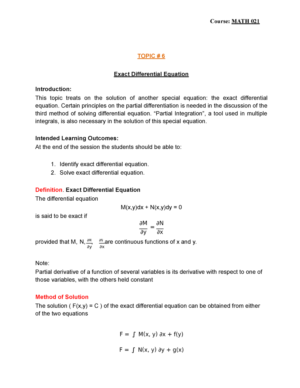 Lesson 6 Exact DE - Differential Equations - TIP - Studocu