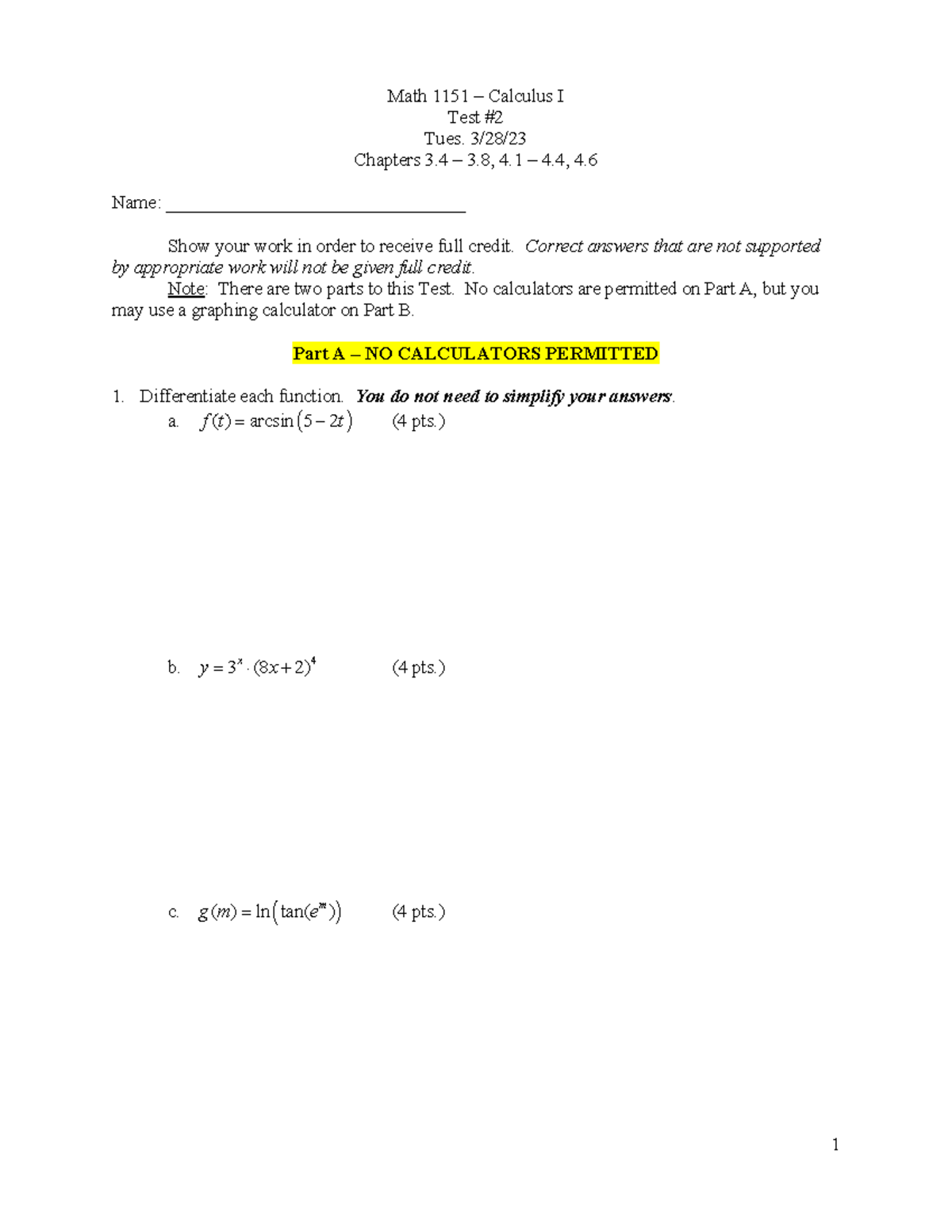 Test 2 - Practice For Calculus 1 Final Exam. - Math 1151 – Calculus I ...