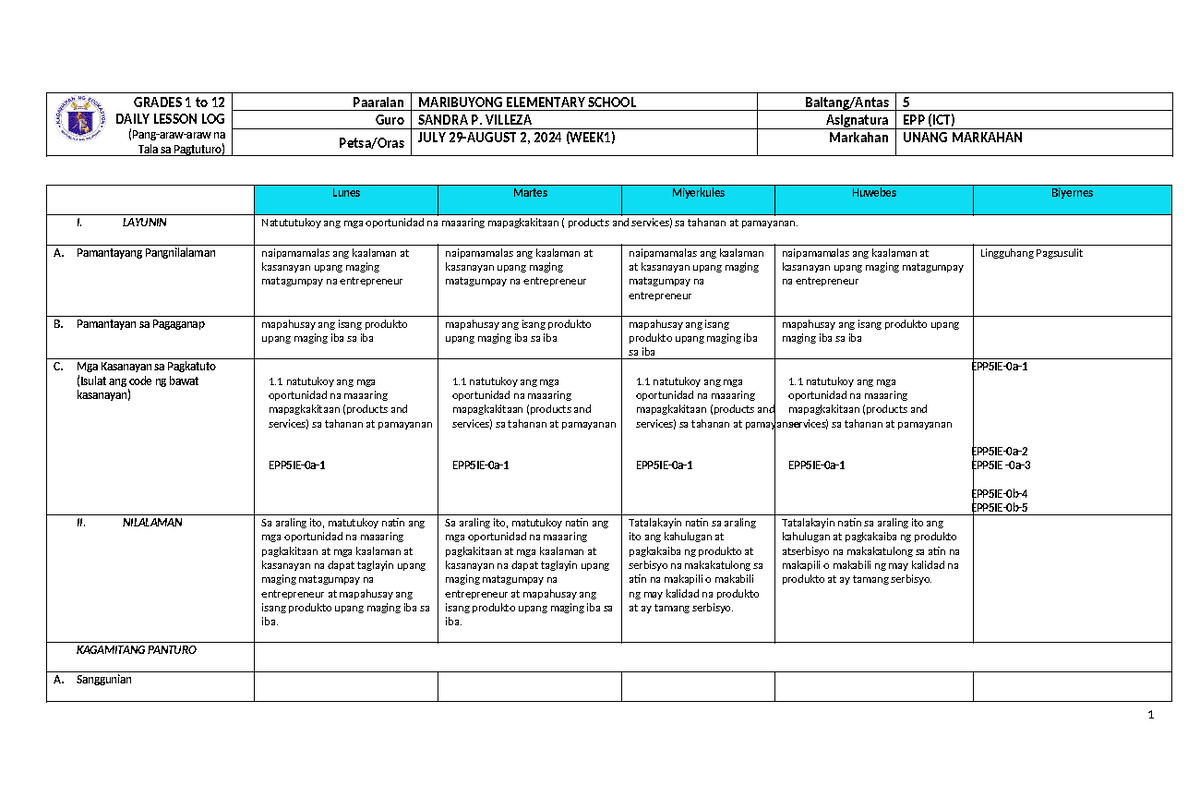 620821425 Grade 5 EPP ICT DLL whole year grade 5 1 - GRADES 1 to 12 ...