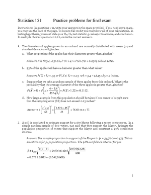 Stat 151 Final Exam Questions And Answers - Solution Of Stat 151 Final 