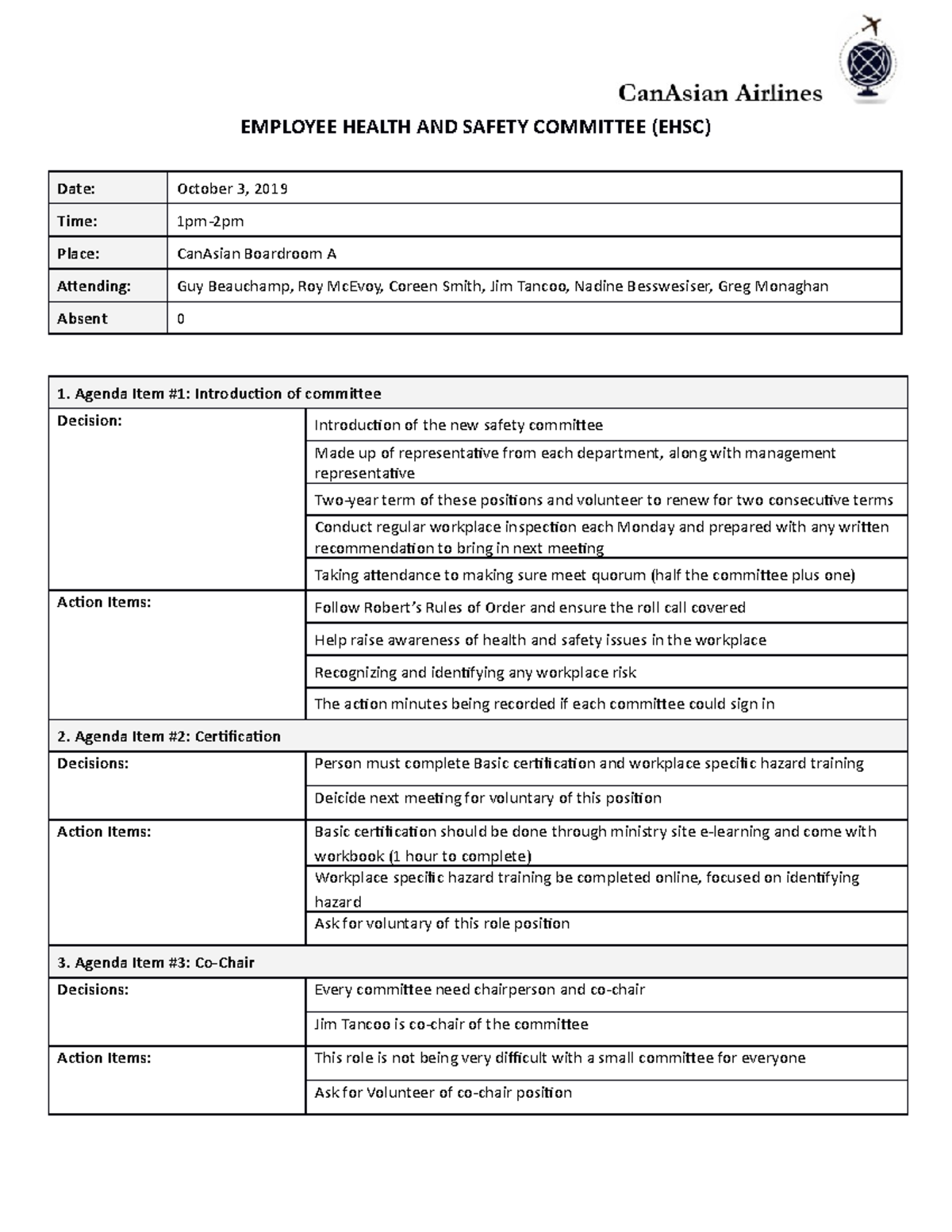 Mach Meeting Note - notes - EMPLOYEE HEALTH AND SAFETY COMMITTEE (EHSC ...