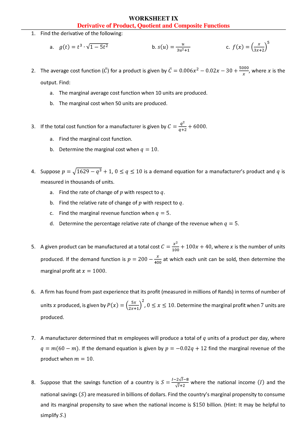 Worksheet IX - Derivative of product, quotient and composites ...