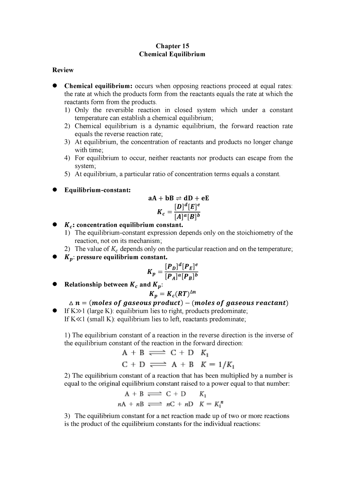 Review-chapter 15 Chemical Equilibrium - Chapter 15 Chemical ...