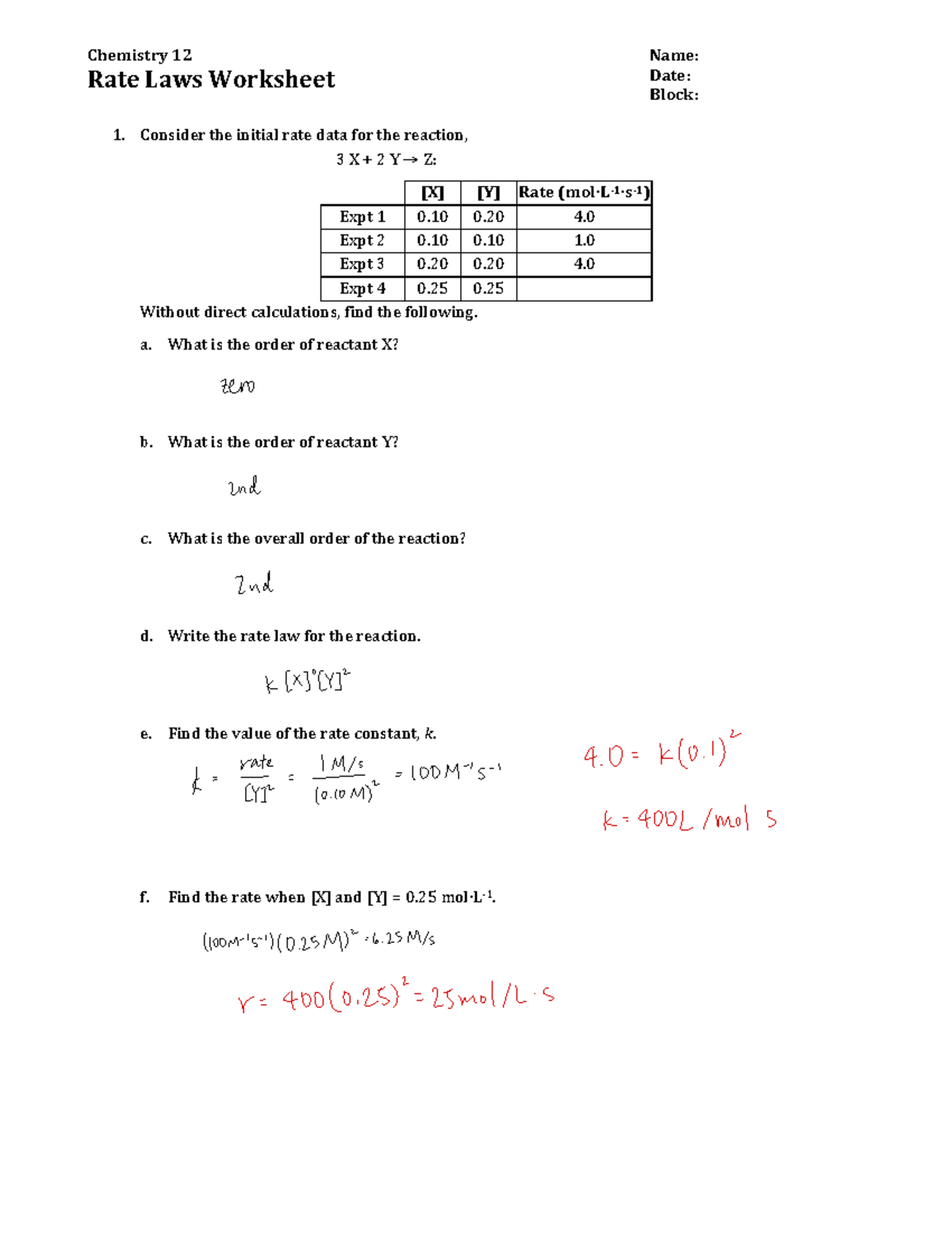 Rk 2 ratelaws worksheet - Chemistry12 RateLawsWorksheet* Name:* Date ...