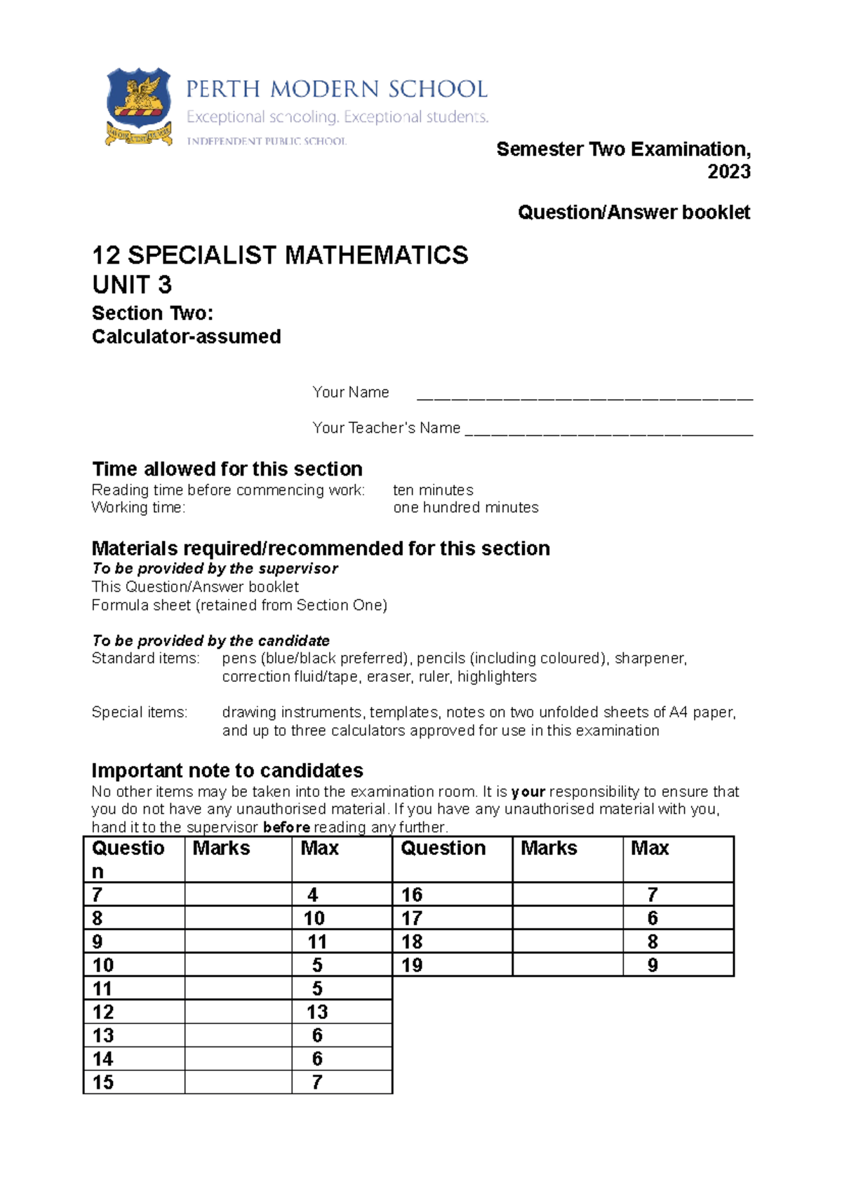 12 Spec Sems Two Calc Assumed Exam 2023 Semester Two Examination, 2023 Question/Answer booklet