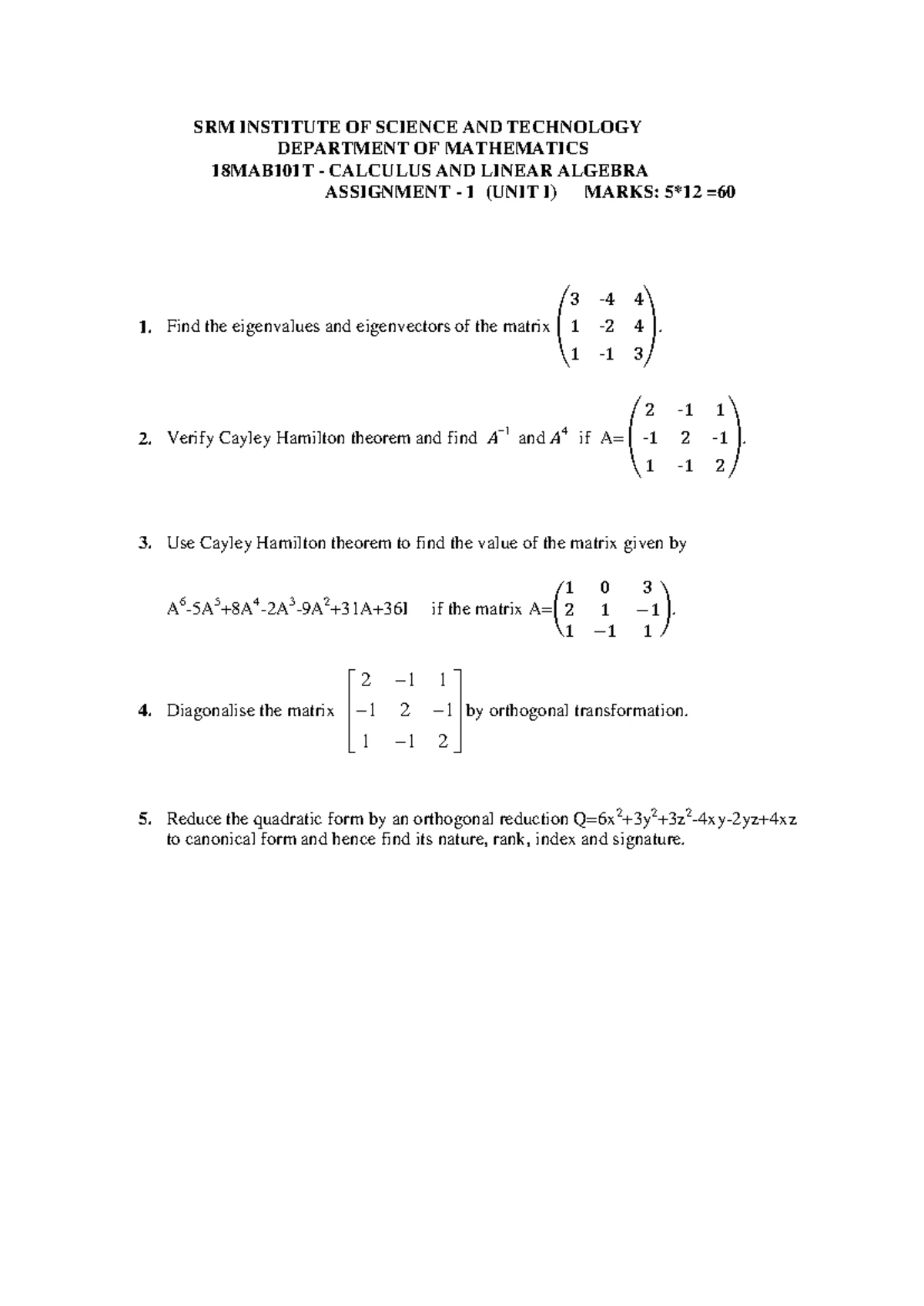 UNIT 4 Questions - DEPARTMENT OF MATHEMATICS 18MAB101T Calculus and ...