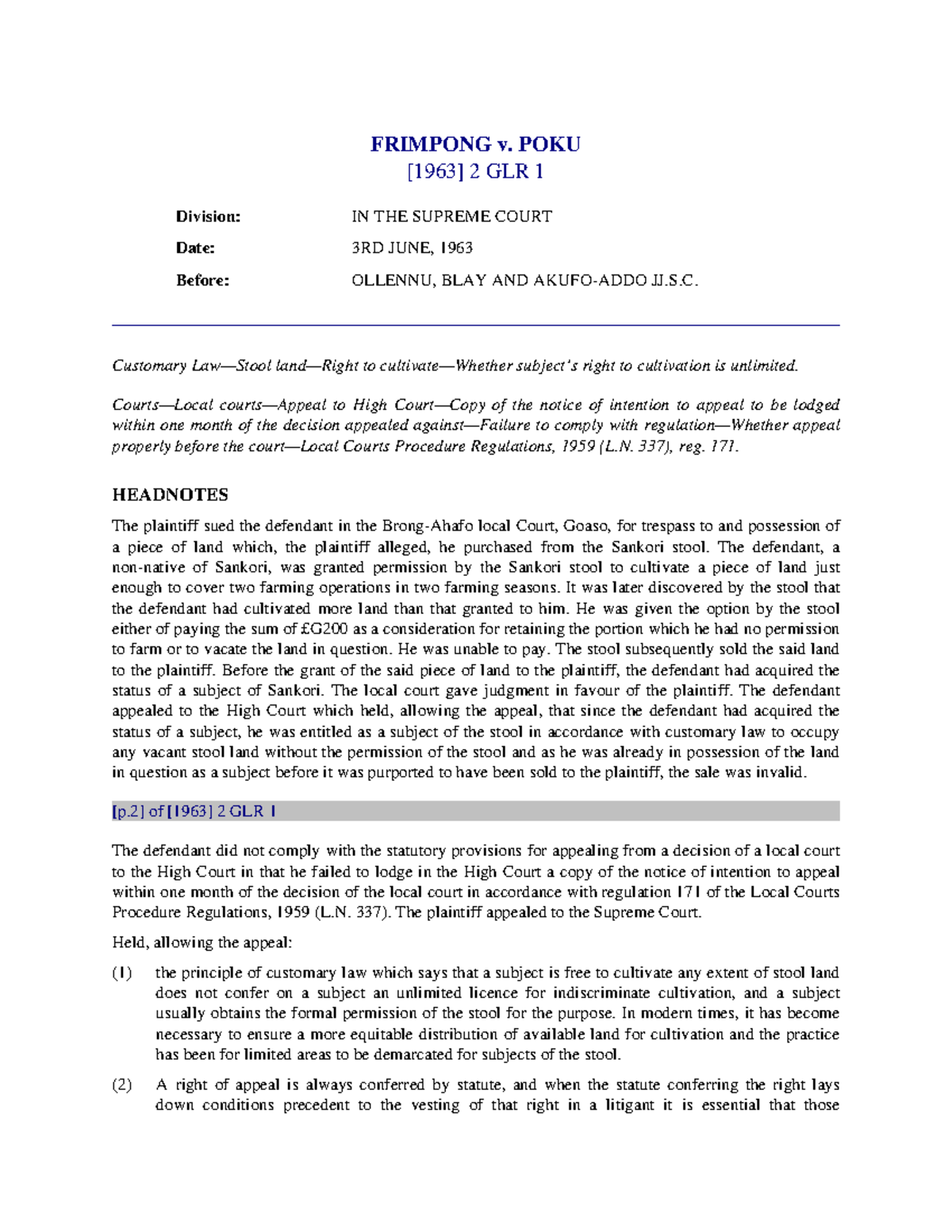 Frimpong v. POKU Case FRIMPONG v. POKU [1963] 2 GLR 1 Division IN