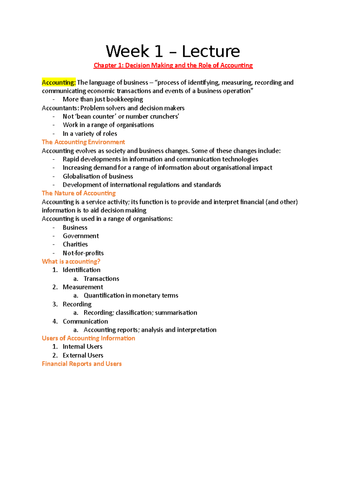 Week 1 - ACCY111 - Notes - Week 1 – Lecture Chapter 1: Decision Making ...