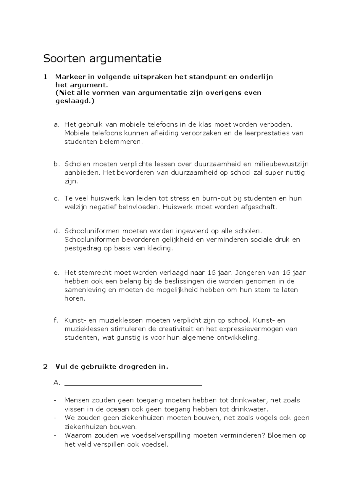Oefeningen op argumenteren 6T - Soorten argumentatie 1 Markeer in ...