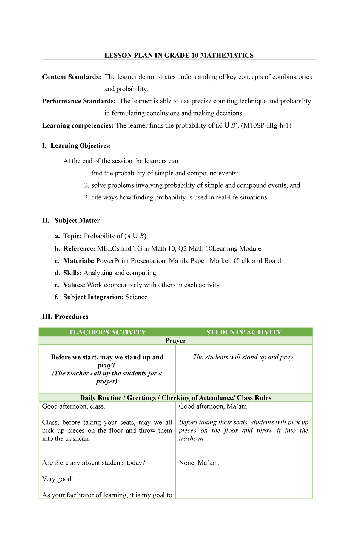 Detailed Lesson Plan In Grade 10 Mathematics Probability - LESSON PLAN ...