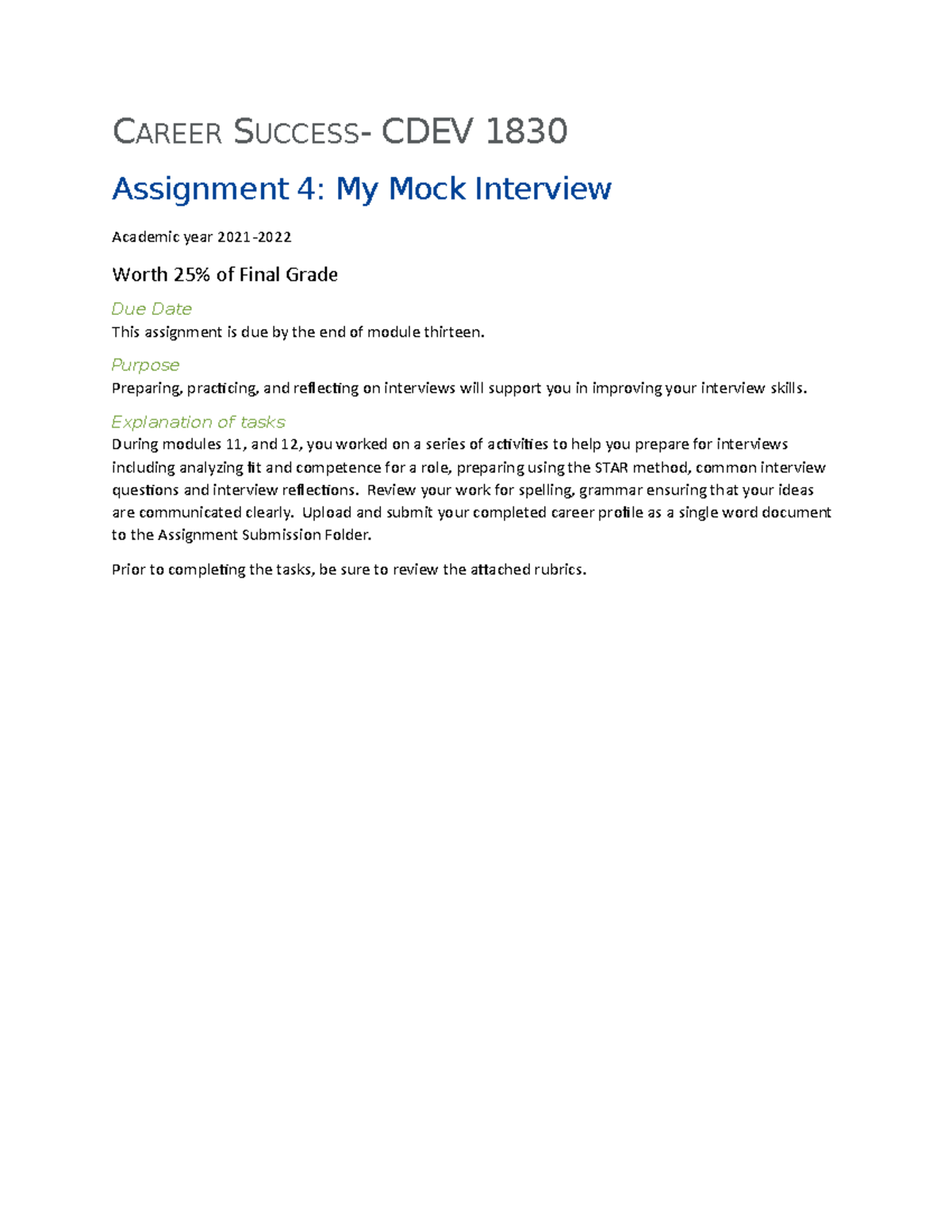 CDEV1830 Career Success Assignment 4 My Mock Interview gurleen kaur ...