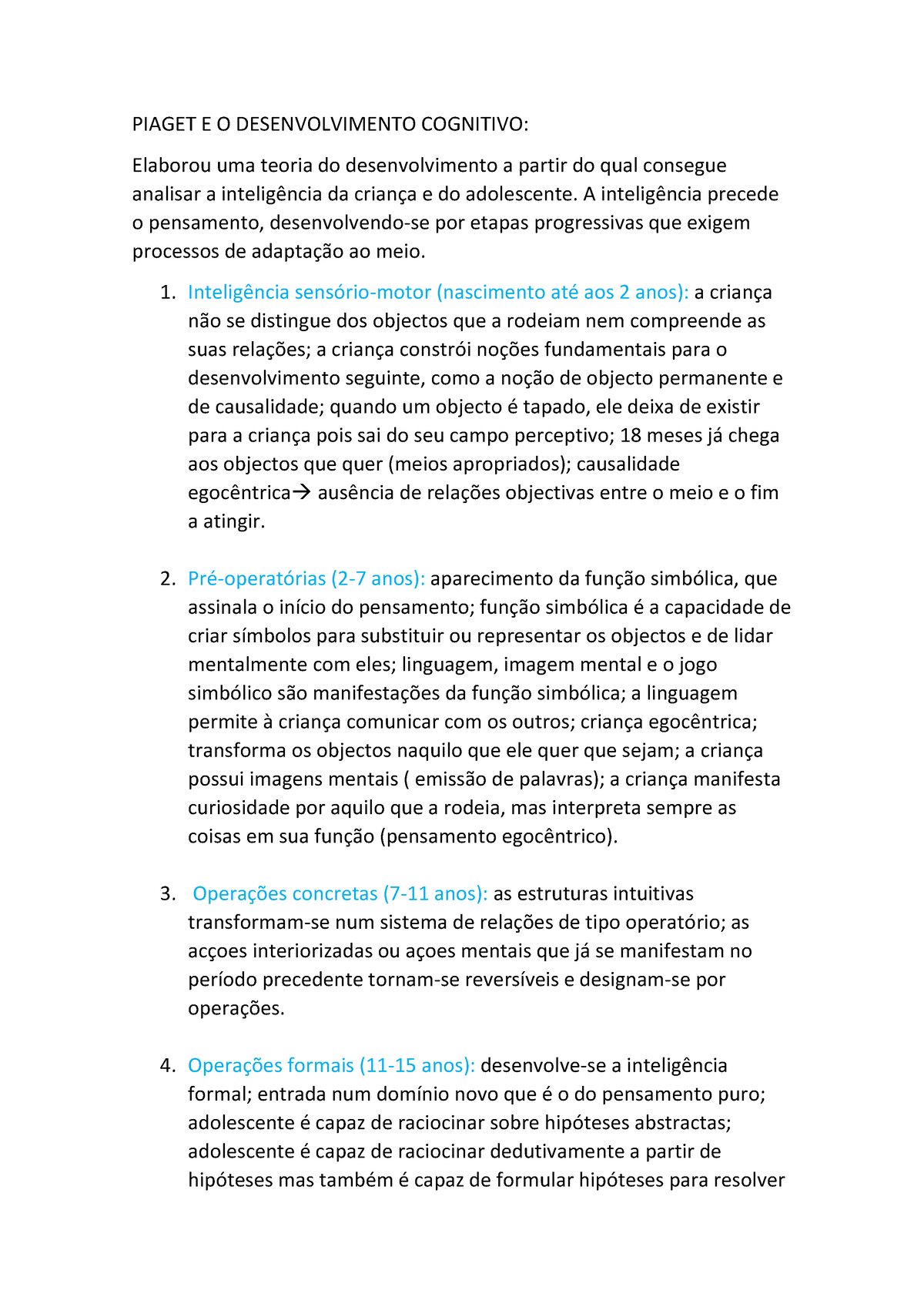 1 - Resumos - PIAGET E O DESENVOLVIMENTO COGNITIVO: Elaborou Uma Teoria ...