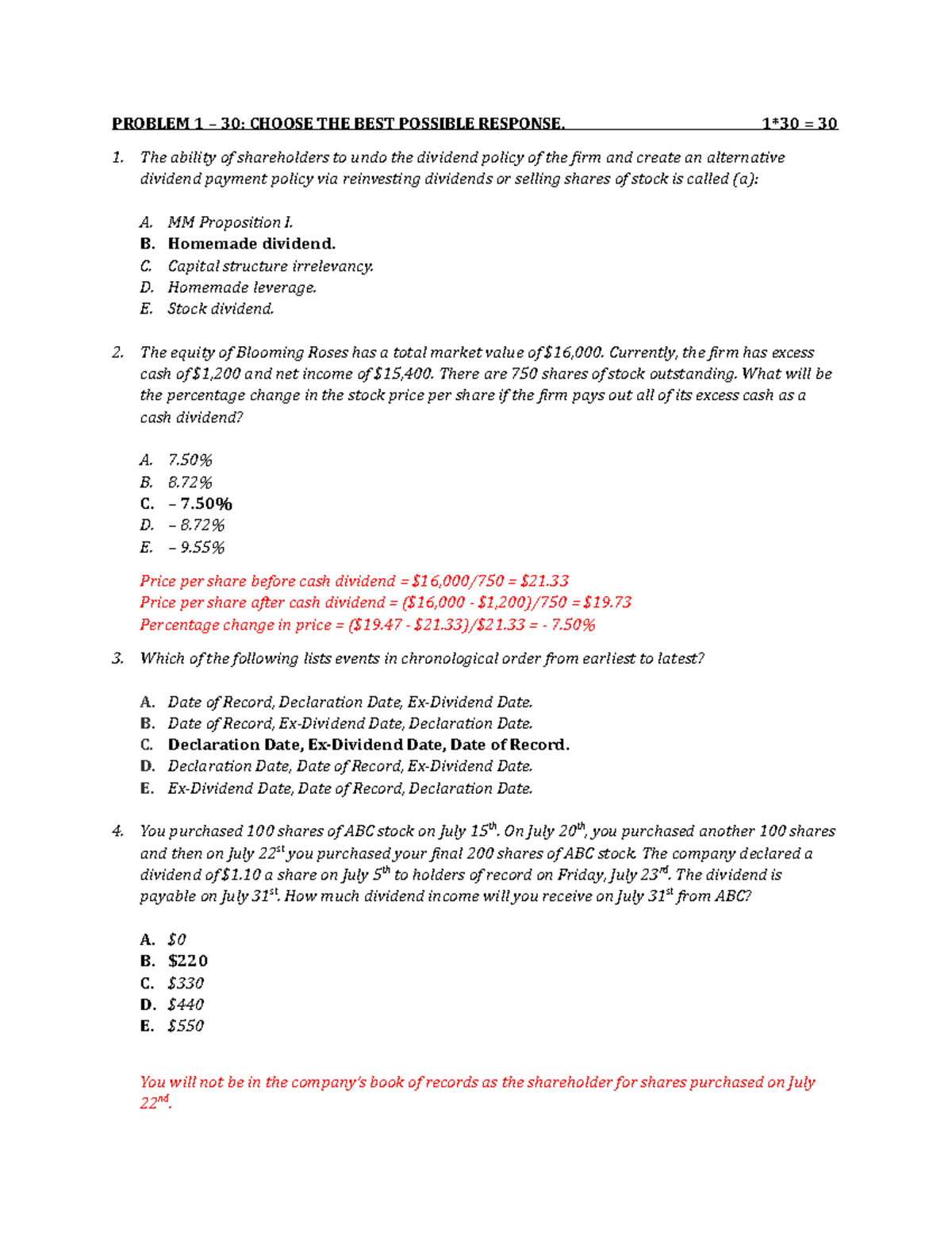 3FA3 Exam 2 - Answer Key - PROBLEM 1 – 30: CHOOSE THE BEST POSSIBLE ...