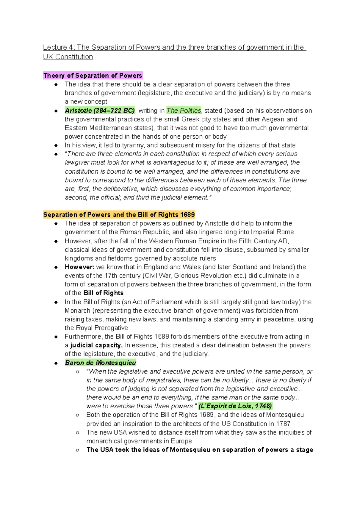 Lecture 4 The Separation of Powers and the three branches of government ...