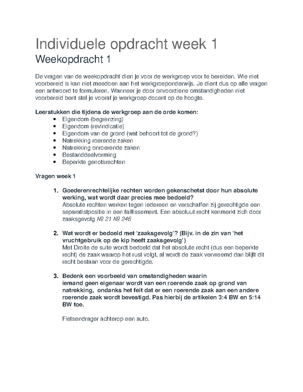 Werkgroepopdrachten Goederenrecht Week 1 - UvA - Studeersnel