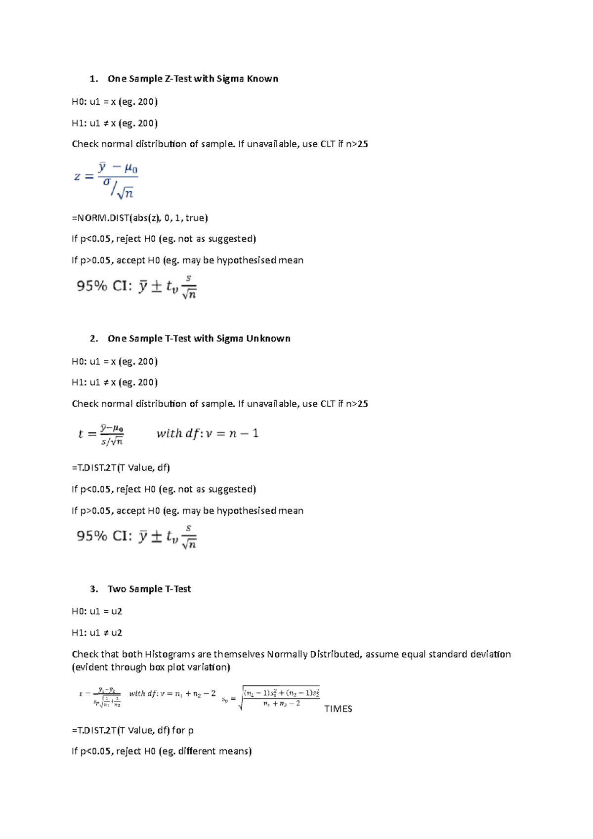 Stat cheat sheet - 1. One Sample with Sigma Known H0: u1 x (eg. 200) H1 ...