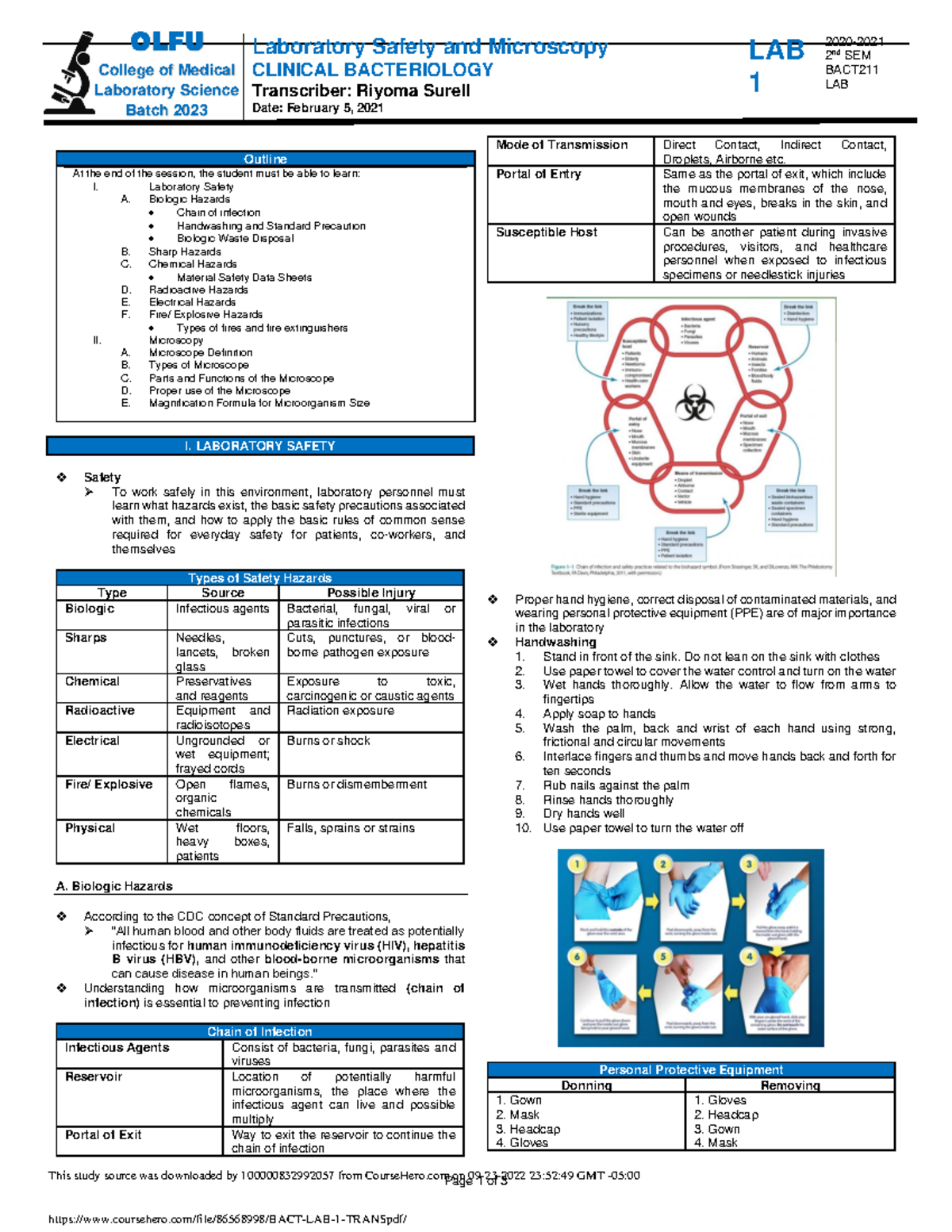 BACT LAB 1 Trans.pdf Bacteriology Lecture Laboratory Safety and