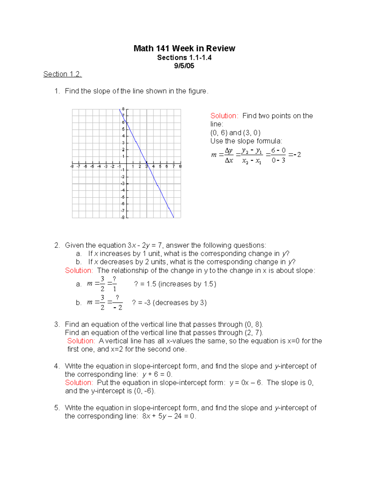 M141 WIR 9 5 05 Key - cvcvv - Math 141 Week in Review Sections 1-1. 9/5 ...