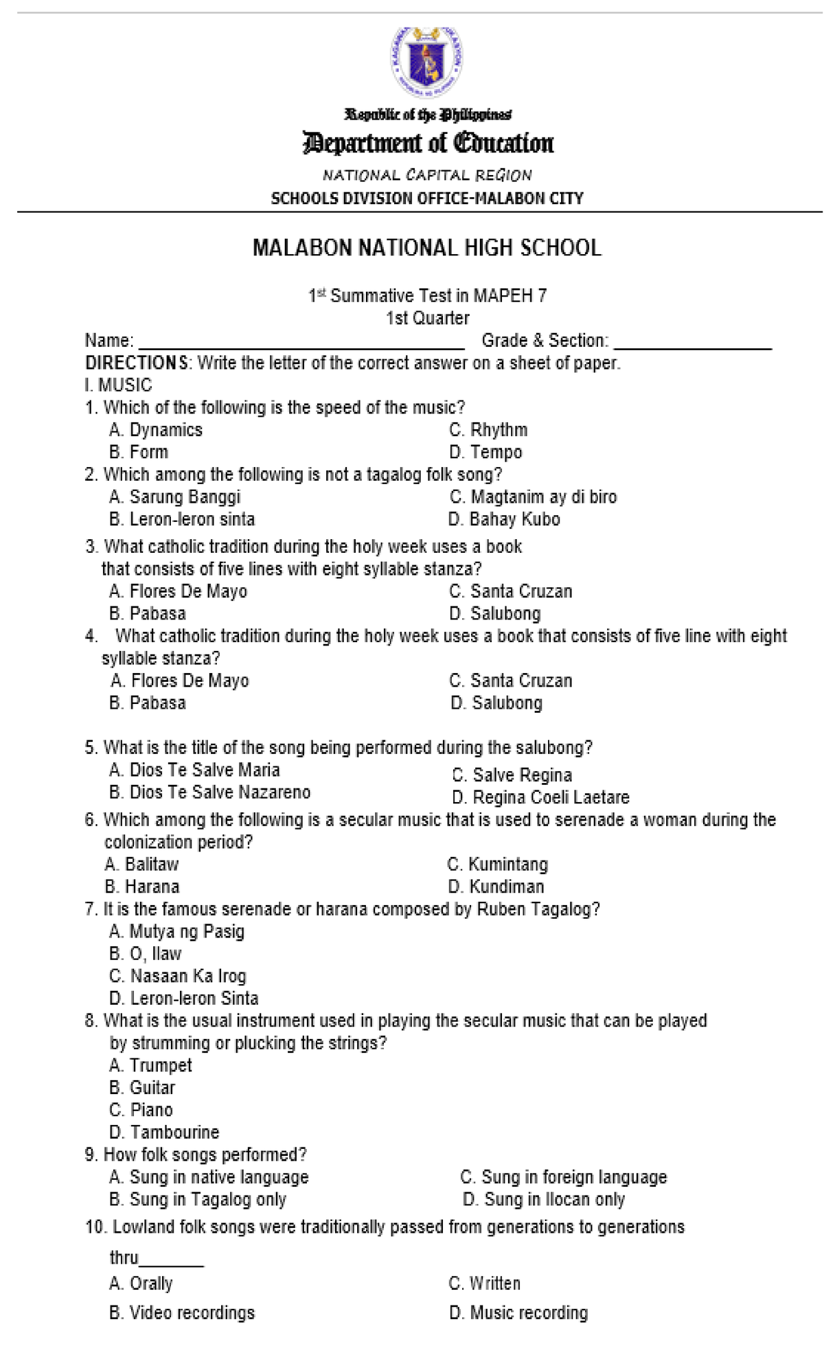 1st Summative Test In Music 1ST Q - Media Information - Studocu