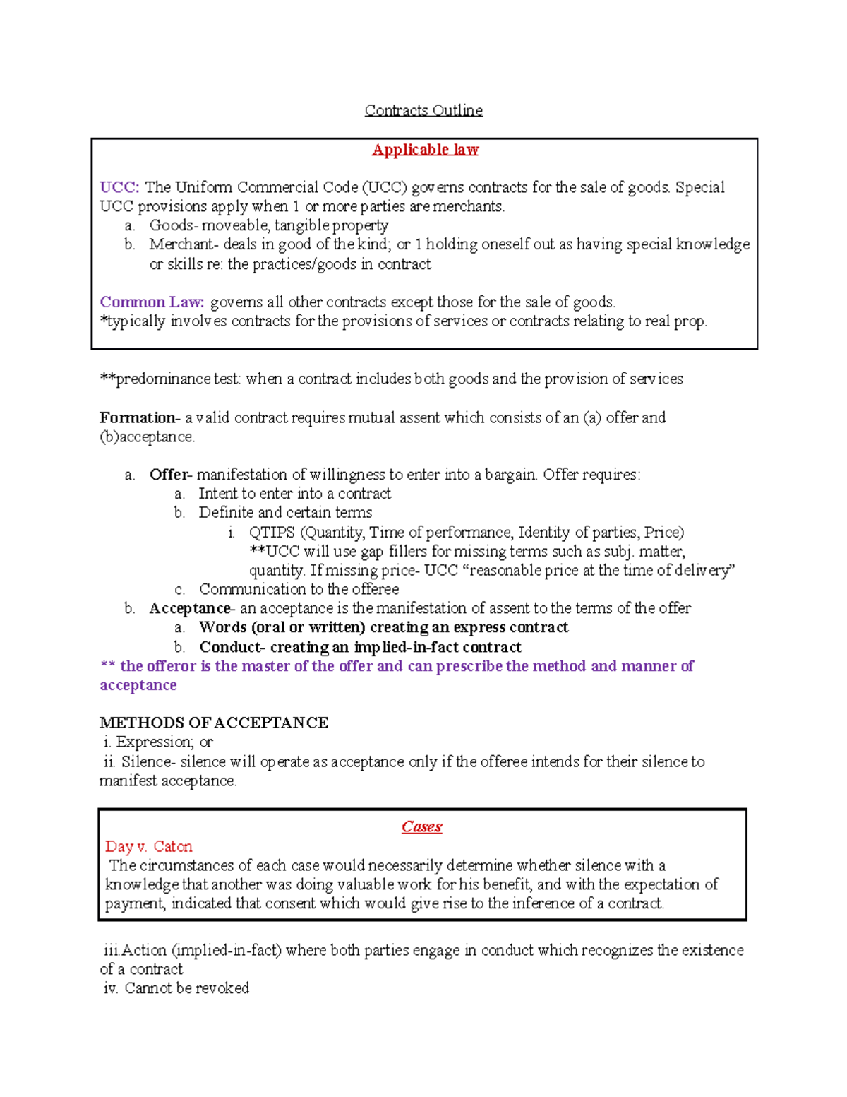 Contracts Outline - Contracts Outline Applicable law UCC: The Uniform ...