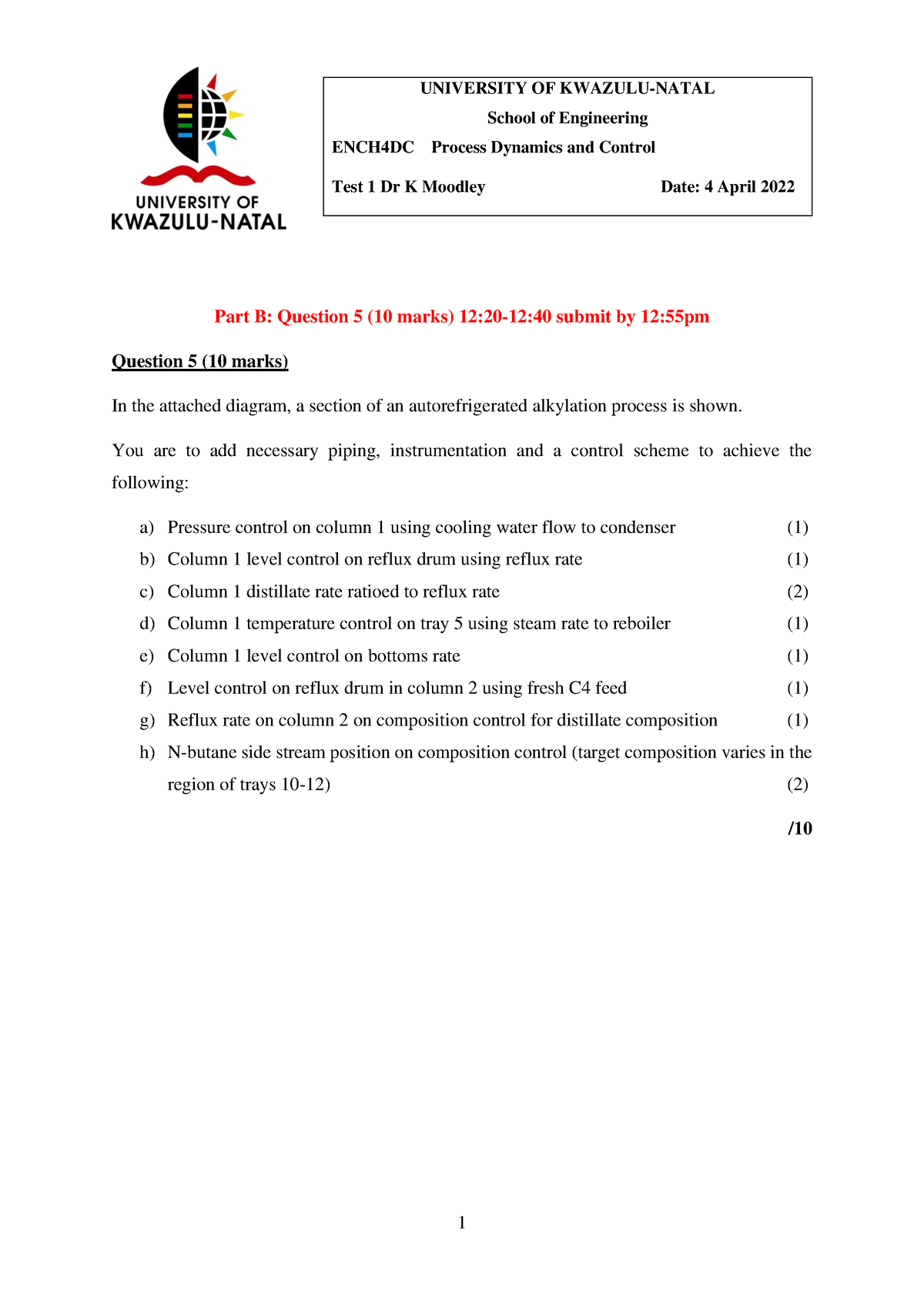 TEST 1 Part B - Controller Diagram - 1 Part B: Question 5 (10 Marks) 12 ...