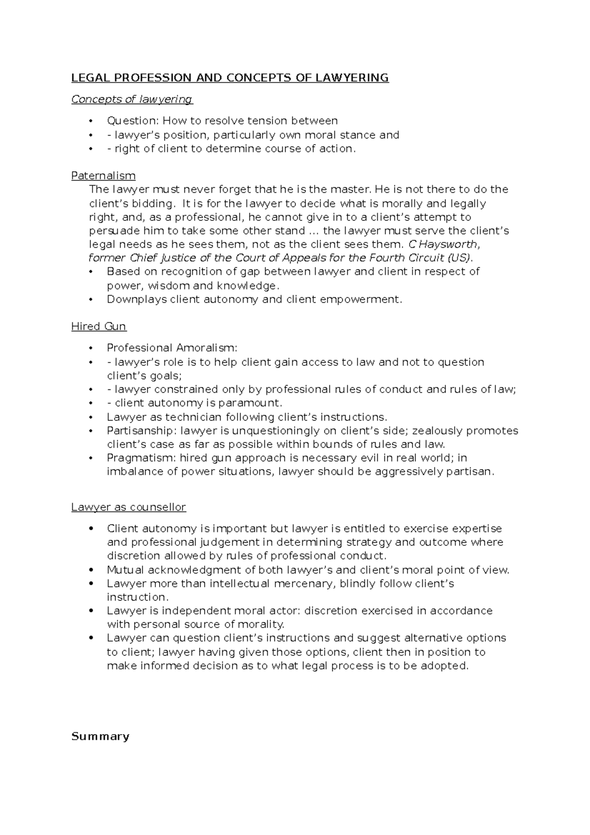 A Semester notes - LEGAL PROFESSION AND CONCEPTS OF LAWYERING Concepts ...