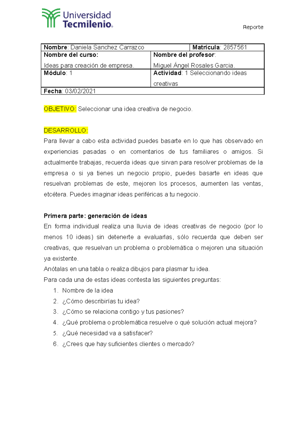 Actividad 1 ideas para creación de empresas del tec milenio - Nombre ...