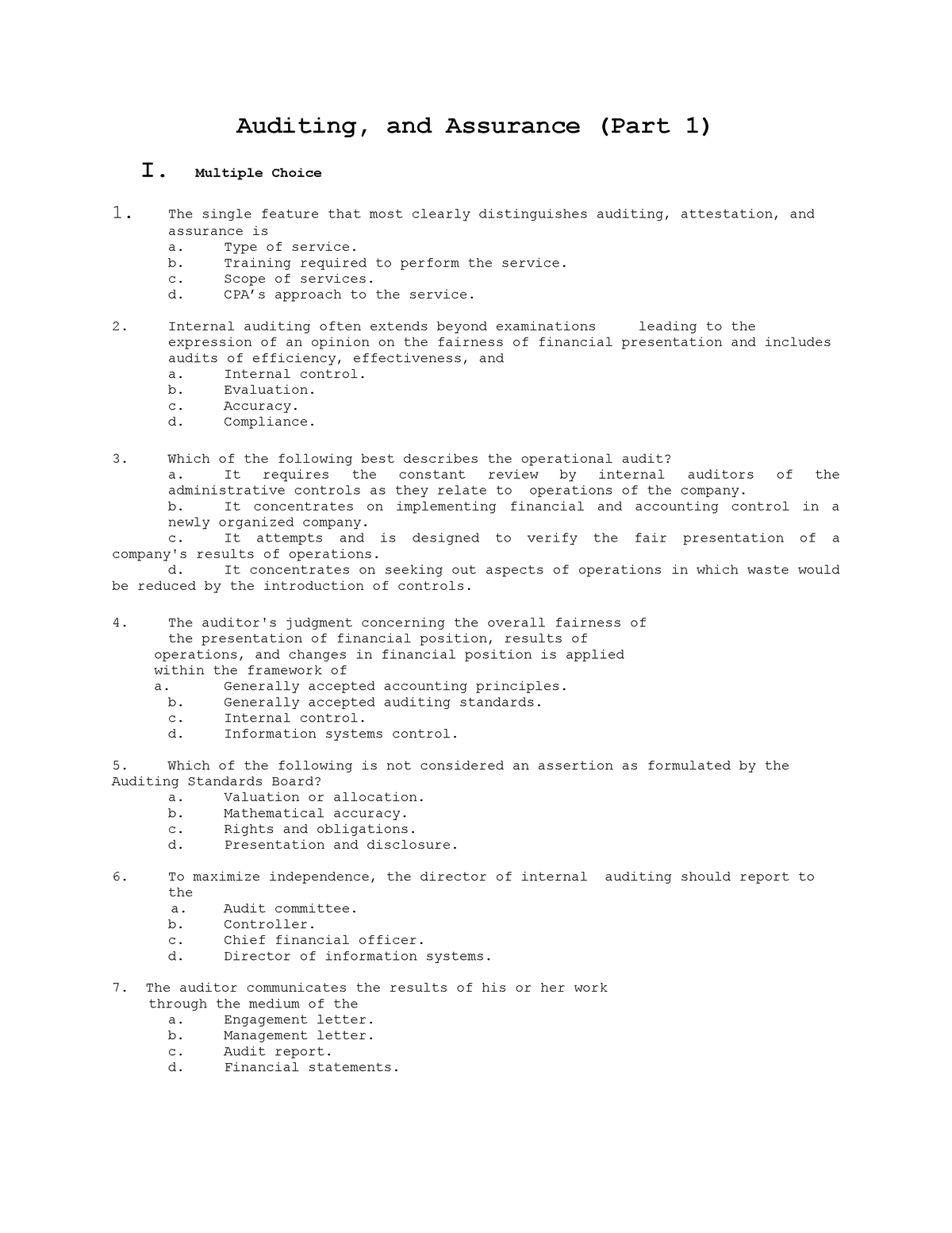 Auditing Assurance - Auditing, And Assurance (Part 1) I. Multiple ...