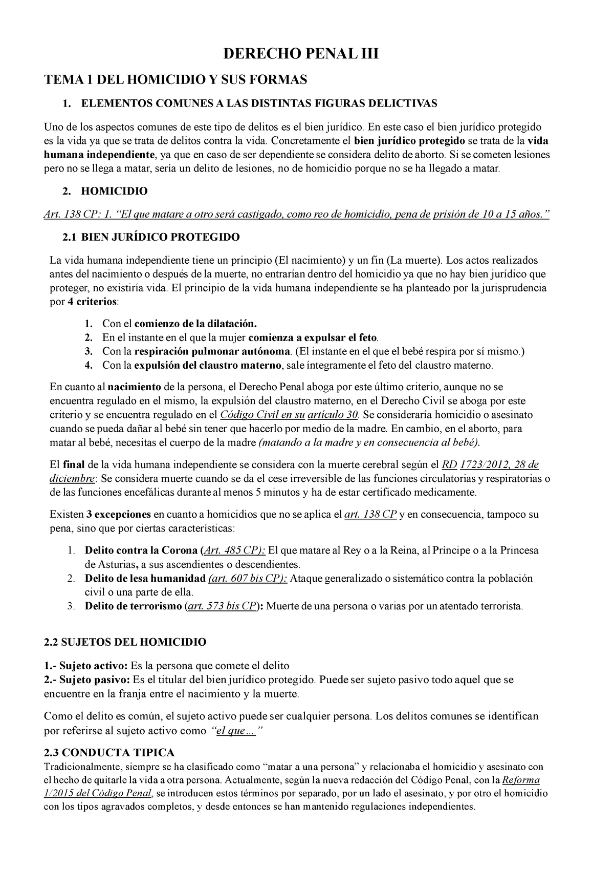 Derecho Penal Ii Morillas Derecho Penal Iii Tema Del Homicidio Y