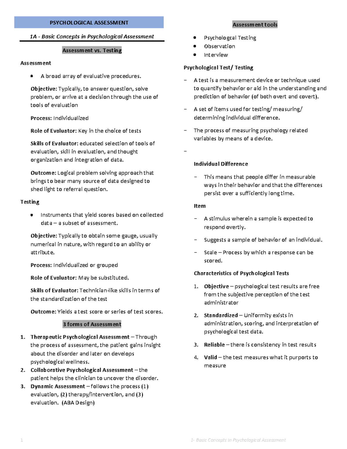 1 Basic Concepts Psych Assessment 1A Basic Concepts In