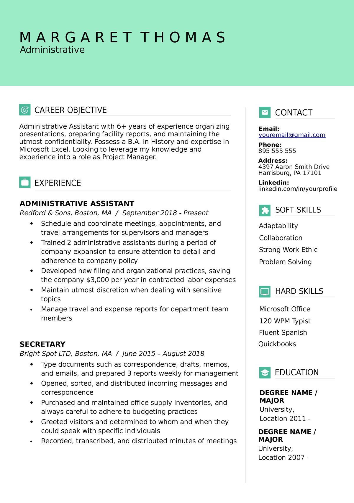 Stylish Resume Template Green - M A R G A R E T T H O M A S O N DEGREE ...