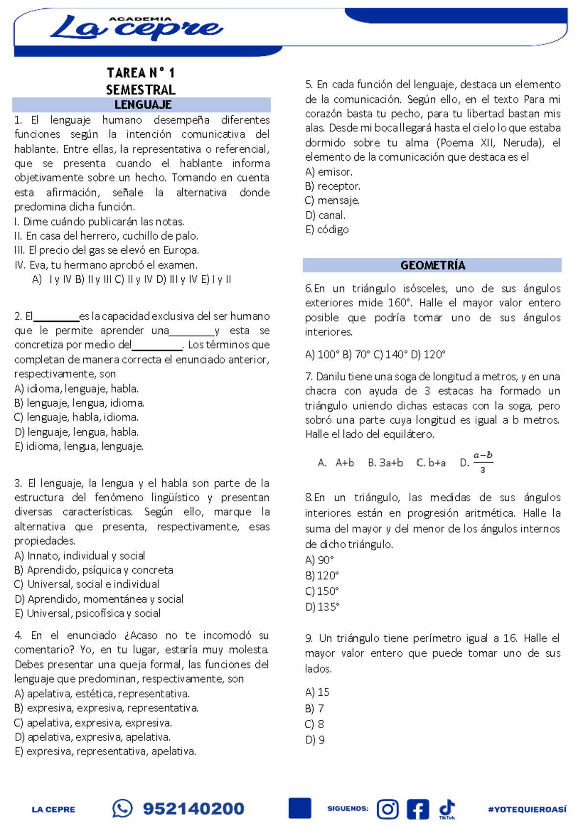 Tarea N° 1 Semestral - Buena - TAREA N° 1 SEMESTRAL LENGUAJE 1. El ...