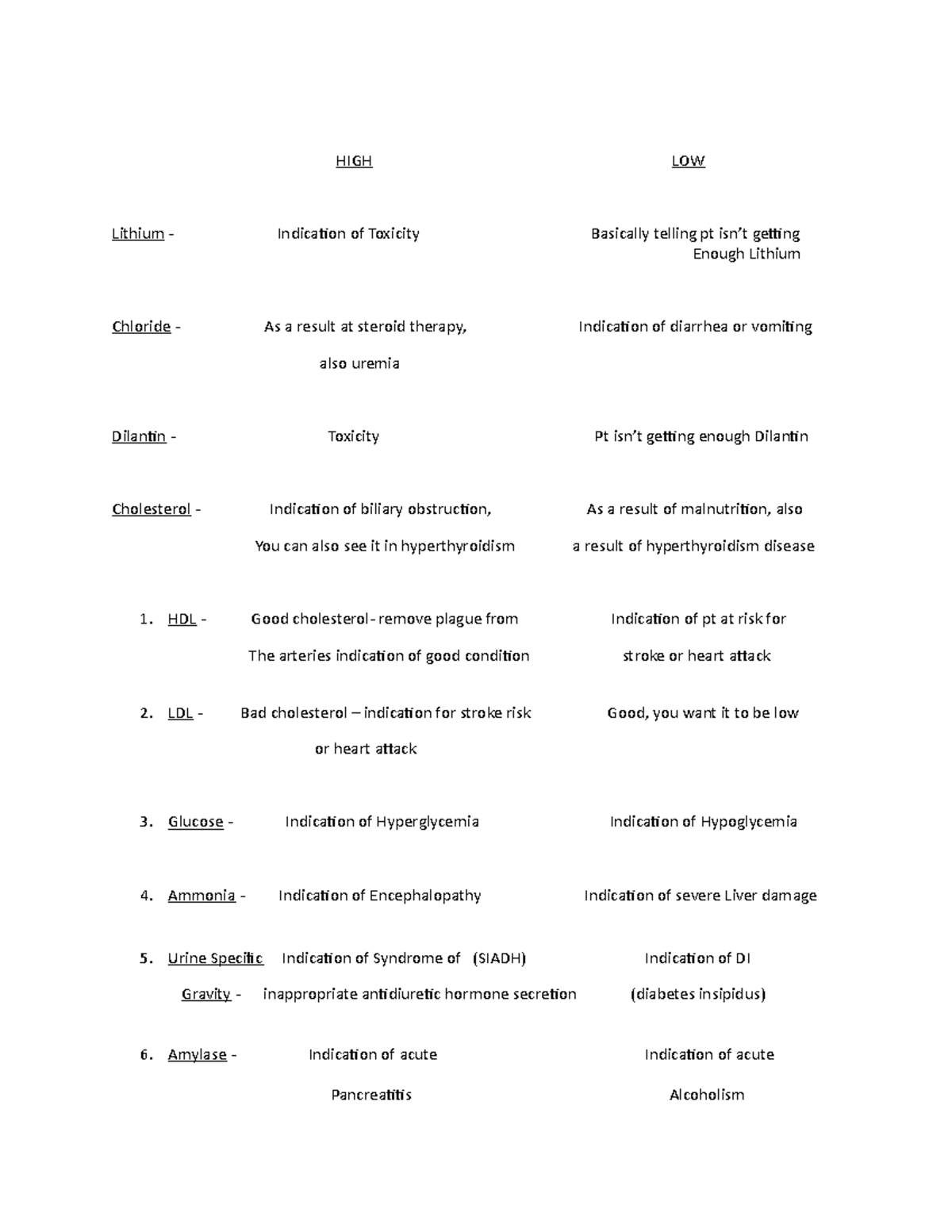 Highlow - Lab values cheat sheat - HIGH LOW Lithium - Indication of ...