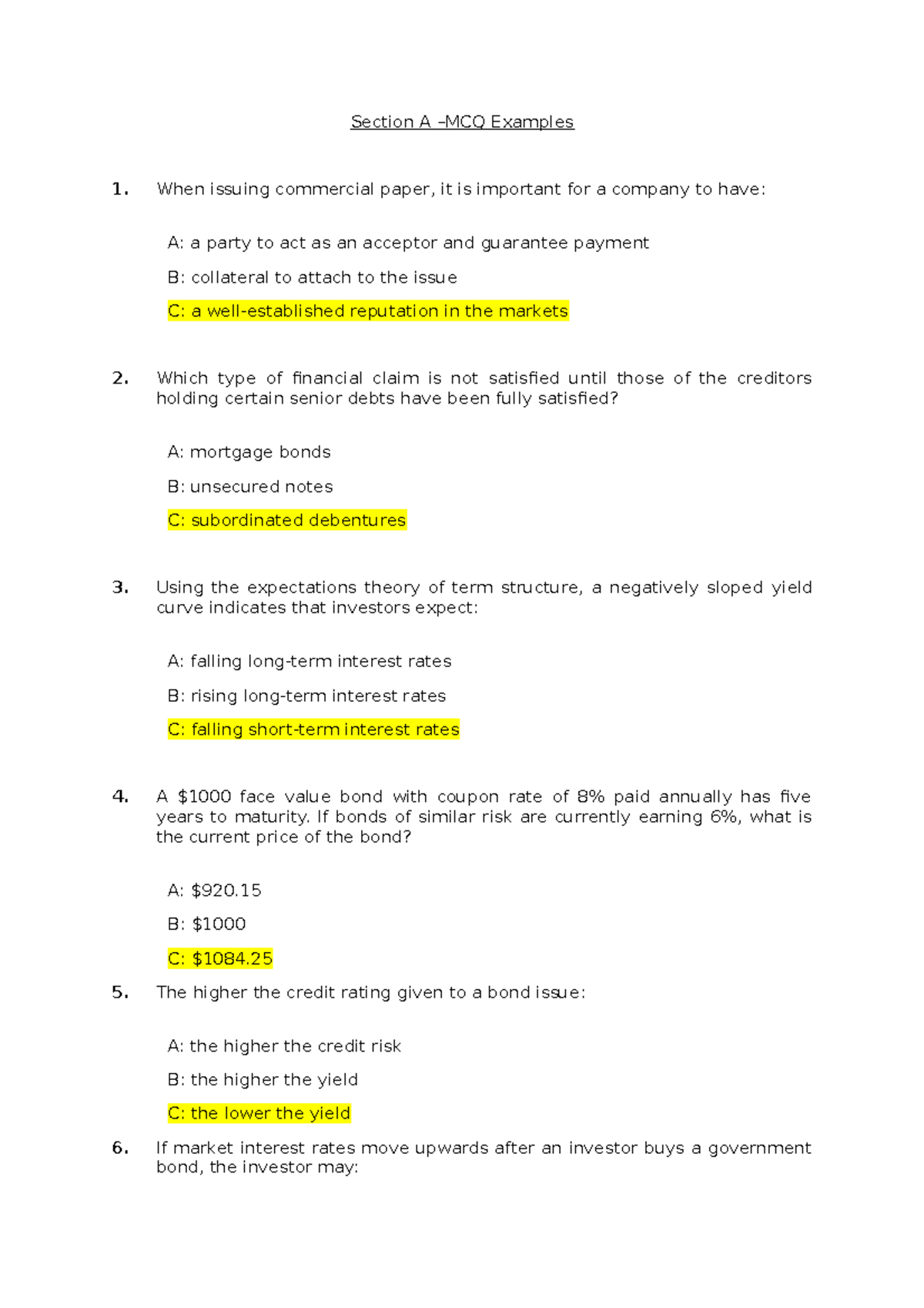Multiple choice practice Q's - Section A –MCQ Examples When issuing ...