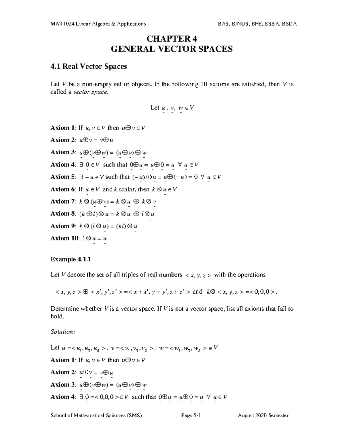 Mat1024 Linear Algebra And Applications Chapter General Vector Spaces Real Vector Spaces Let Be Non Empty Set Of Objects If The Following 10 Axioms Are Studocu