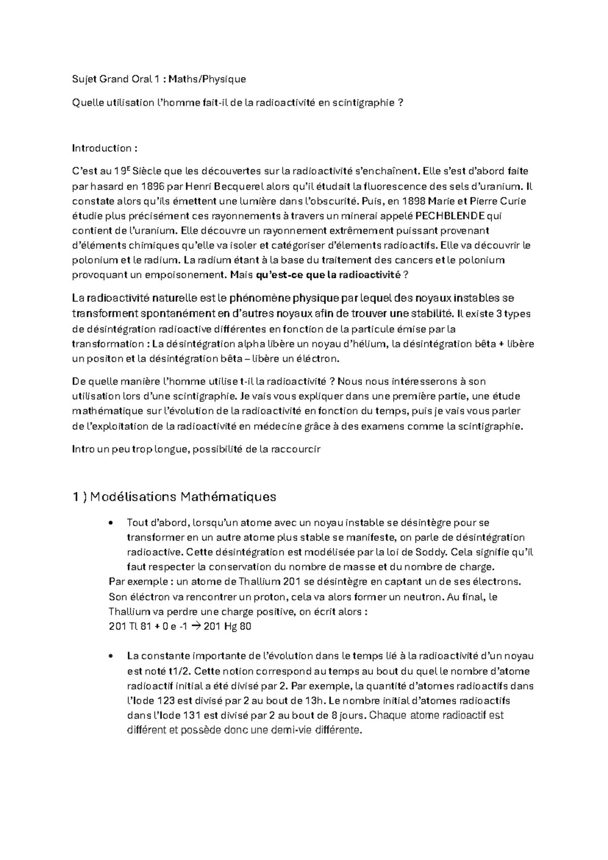 Sujet Grand Oral Maths/Physique Chimie Radioactivité Scintigraphie — free download