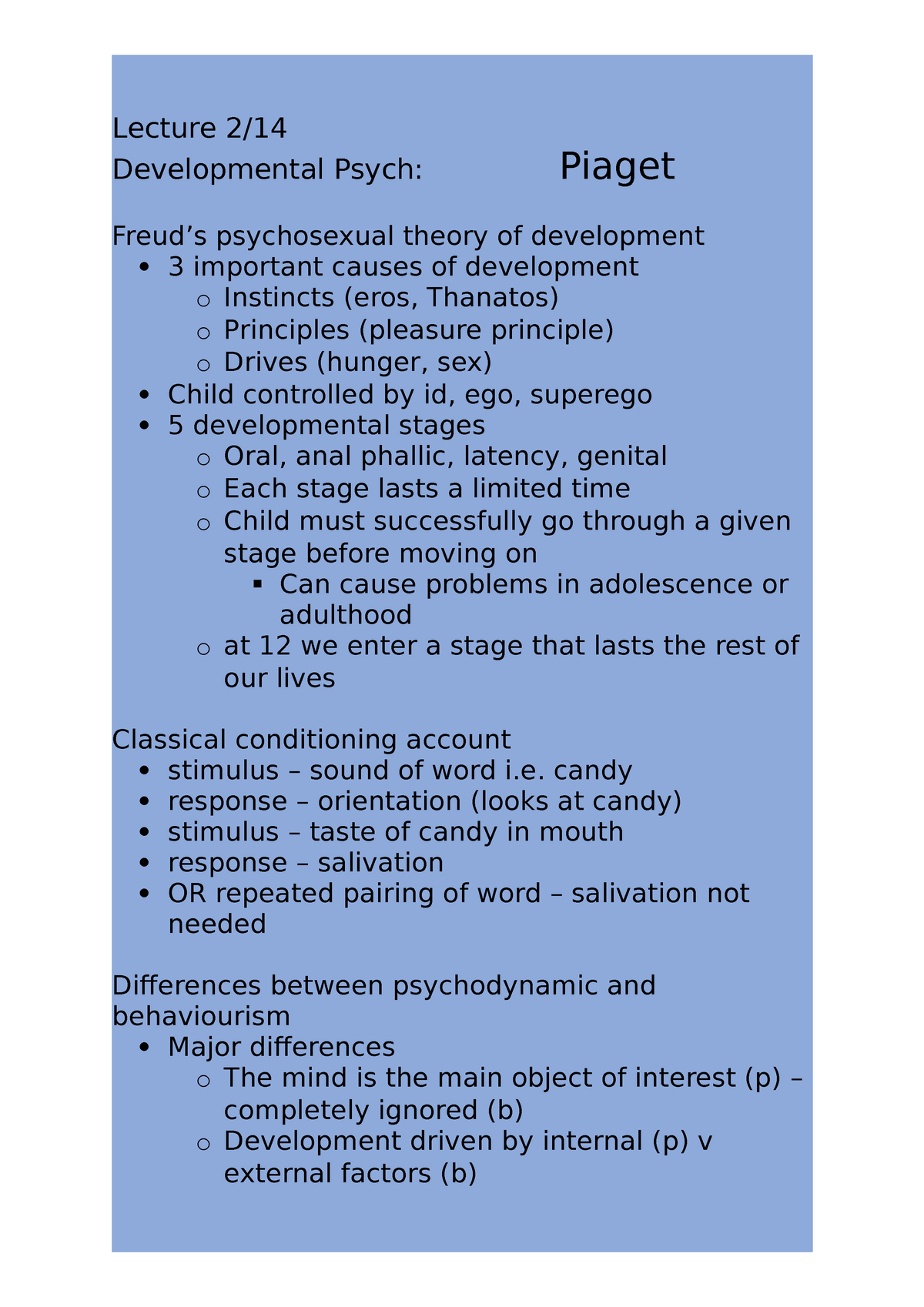 2 piaget Lecture notes 2 Lecture 2 Developmental Psych