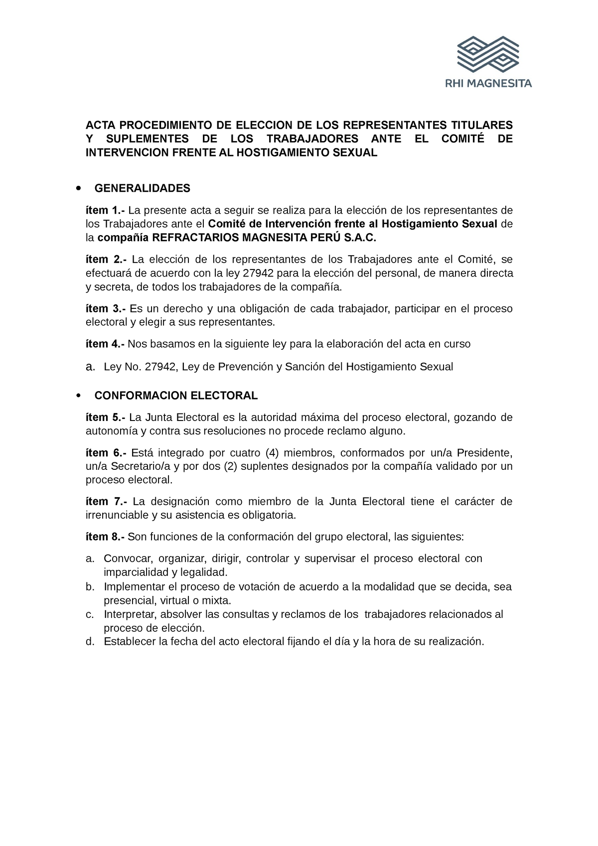 Acta Procedimiento De Eleccion De Los Representantes Titulares Y